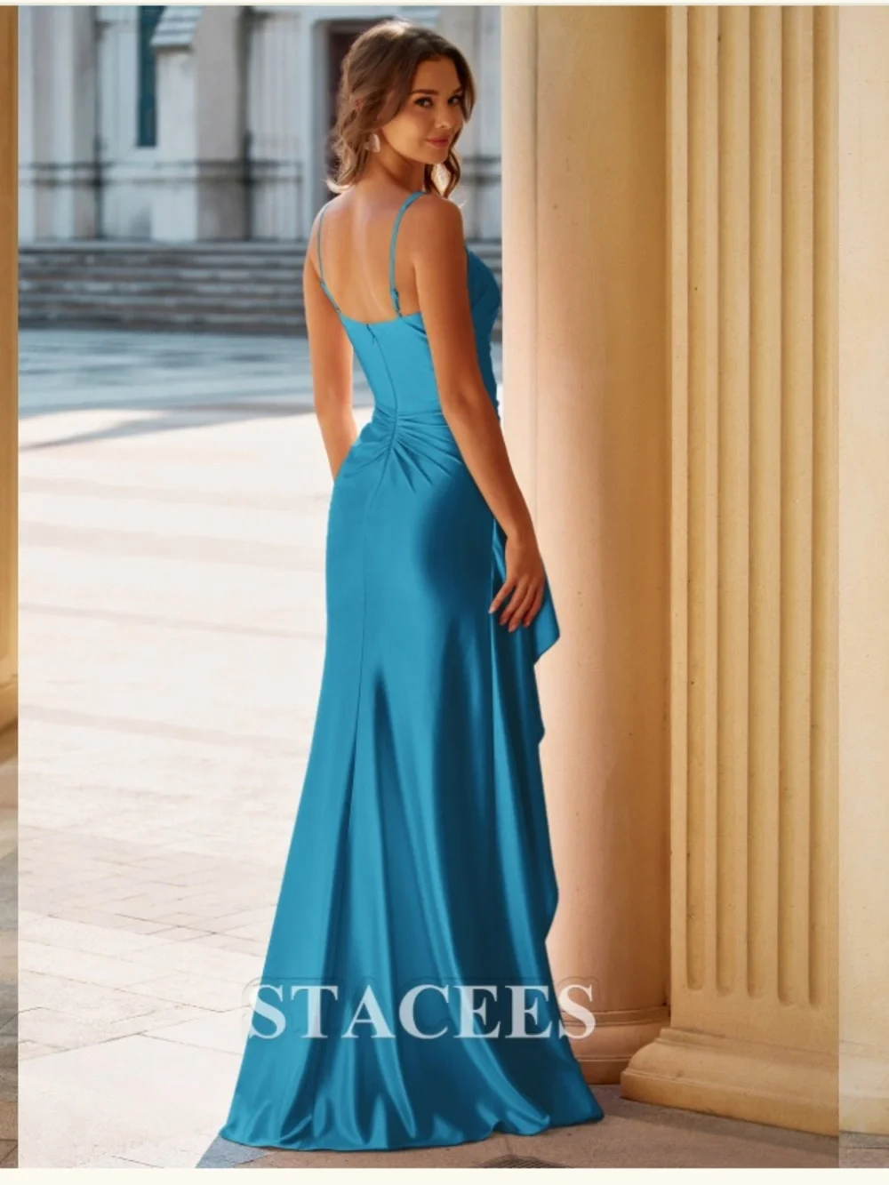 NWT | Stacees | Ink Blue Square Neckline Ruched Prom Dress w/Side Cascading Slit - Picture 2 of 5